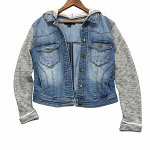 Tinseltown Denim Hoodie Jacket Sz S Blue Jean Gray Knit Sleeves Streetwear Layer